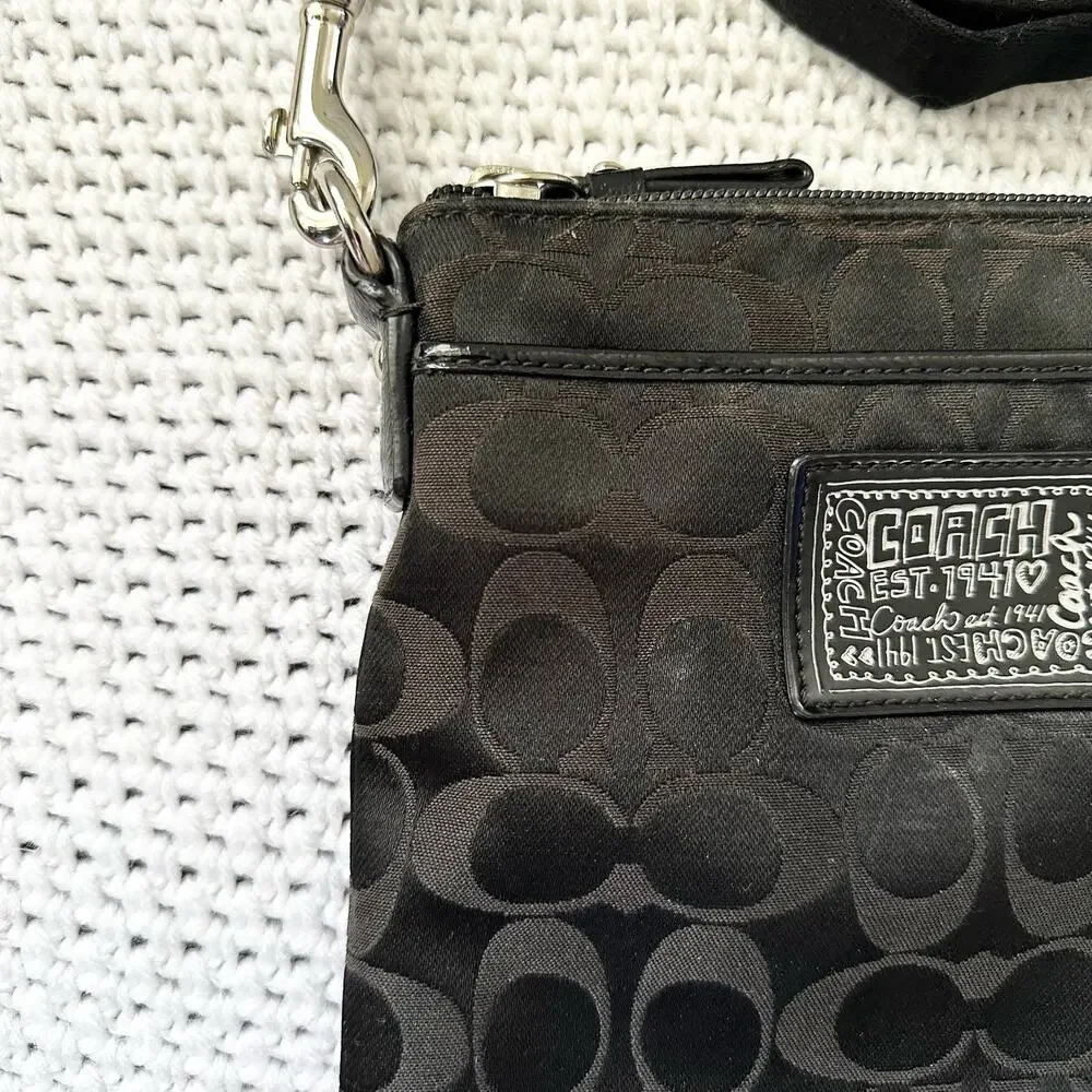 Coach Black Canvas Signature Poppy Patent Patch Small Slim Crossbody Bag